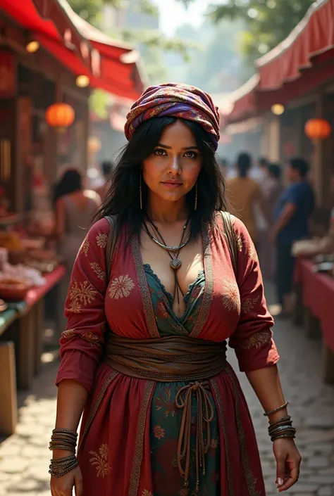 woman, shoulder-length straight black hair, medium bust, plump, cloth on her head, dressed as a card fortune teller, gypsy, walking through the bazaar, looking at the camera, photorealistic