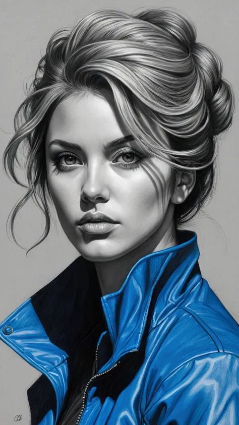 a drawing of a woman with a blue jacket and a black and white background, drawn in the style of artgerm, epic pencil illustration, artgerm portrait, epic portrait illustration, belo portrait oftalhado, professional portrait drawing, stunning drawing, reali...