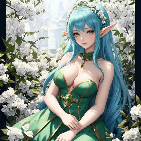 anime girl with blue hair and green dress with white flowers, elf girl, portrait of very beautiful elf, portrait of an elf, a portrait of an elf, elf princess, detailed digital anime art, elf girl wearing an flower suit, elven, portrait of an elf queen, sh...