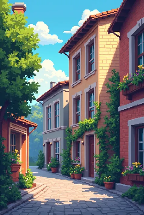 Generate me an image 1280 by 720 pixels horizontally, which shows a scene where the exterior of an apartment and a clean alley are shown, all in the style of 16-bit video game pixel art pixelators