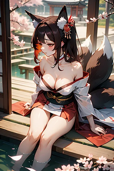 Erotic goddess,  kyuubi no kitsune, sexy kimono, cleavage, sitting, sexy pose, long dark hair, mysterious look, sacred atmosphere, sakura petals, Japanese garden, voluptuous body