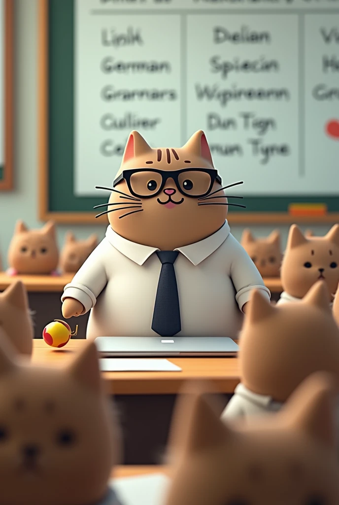 A picture of Pusheen the cat as a German teacher, with an interactive whiteboard in the background and on the desk a silver MacBook and a small colorful ball against over 21 student also like pusheen