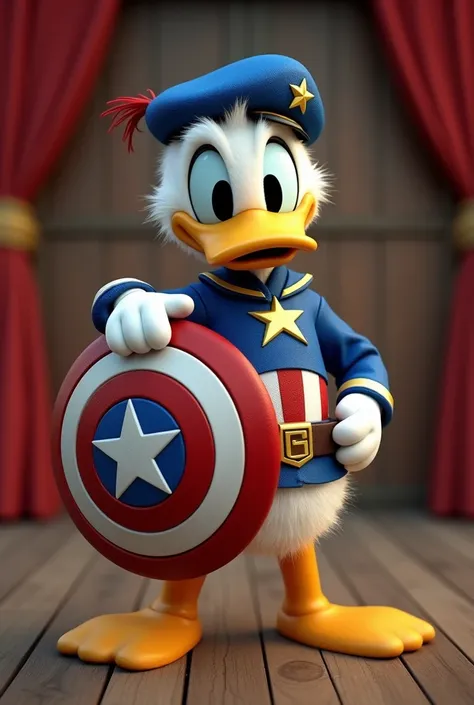 hình ảnh thực tế, Mickey Mouse Club movie, Donald Duck character, wearing captain america armor, shield holder