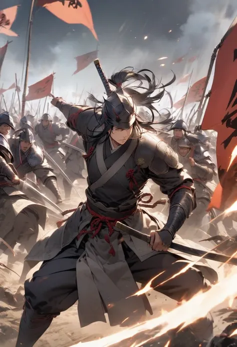 "A battlefield scene with a samurai leading troops into battle, showing bravery and gaining favor from his lord, with banners flying in the background."