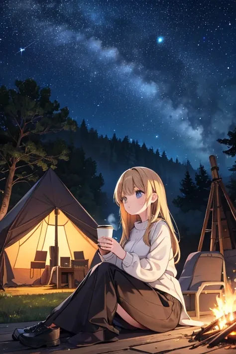 One girl,Ruins at night,camp,Bonfire,sit,holding a coffee cup,High resolution, high quality, High-resolution model, Exhale white sigh,Starry Sky,Night Sky