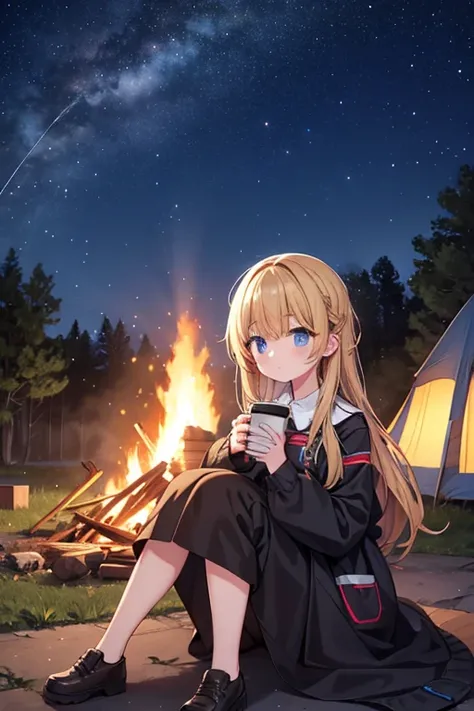 One girl,Ruins at night,camp,Bonfire,sit,holding a coffee cup,High resolution, high quality, High-resolution model, Exhale white sigh,Starry Sky,Night Sky