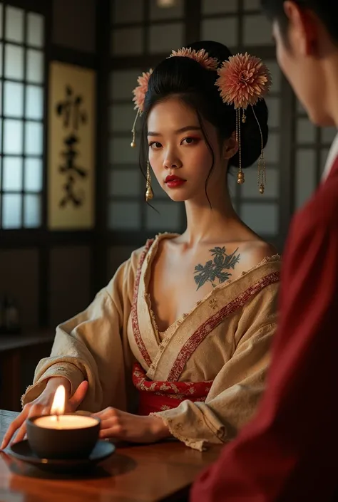 Create picture full body of a Asia girl 20yo, (rose blackpink)  hair and makeup like a geisha, wearing a geisha outfit, body tattoo ,frayed,
sitting and Make tea for yakuza, Atmosphere of ancient Japan,64k, grainy images, high resolution photos, strong con...