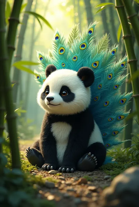 Peacock-Panda Hybrid: Visualize a whimsical creature with the fluffy body and black-and-white coloring of a panda, adorned with the vibrant, eye-catching tail feathers of a peacock. It sits on a bamboo grove, showing off its radiant plumage.