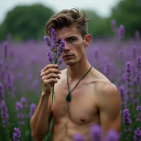 Envision a photograph of a male model standing in a field of lush purple flowers, inspired by the soft, poetic aesthetic of photographers like Bruce Weber or Herb Ritts, who often captured the intersection of nature and human form with a sensual, dreamlike...