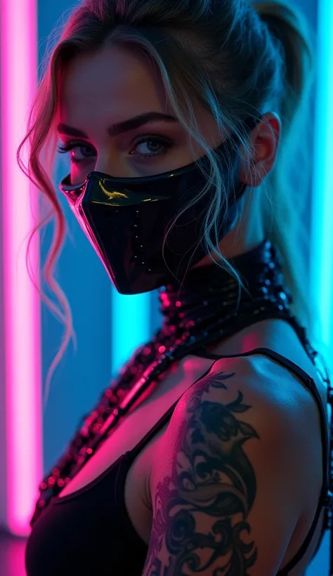 Captivating, enigmatic portrait of a striking, cyber-punk inspired figure shrouded in an aura of neon-tinged mystery. The subjects piercing gaze, concealed behind a sleek, high-tech mask, exudes a sense of primal, untamed power that is underscored by the f...