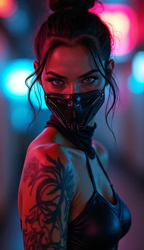 Captivating, enigmatic portrait of a striking, cyber-punk inspired figure shrouded in an aura of neon-tinged mystery. The subjects piercing gaze, concealed behind a sleek, high-tech mask, exudes a sense of primal, untamed power that is underscored by the f...