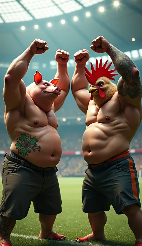 A muscular pig, puffed out and shirtless, green tattoo, crossing his arms above his head pointing the middle finger of both hands, inside a soccer stadium, next to a muscular rooster bird, puffed out and shirtless, black tattoo, crossing his arms above his...