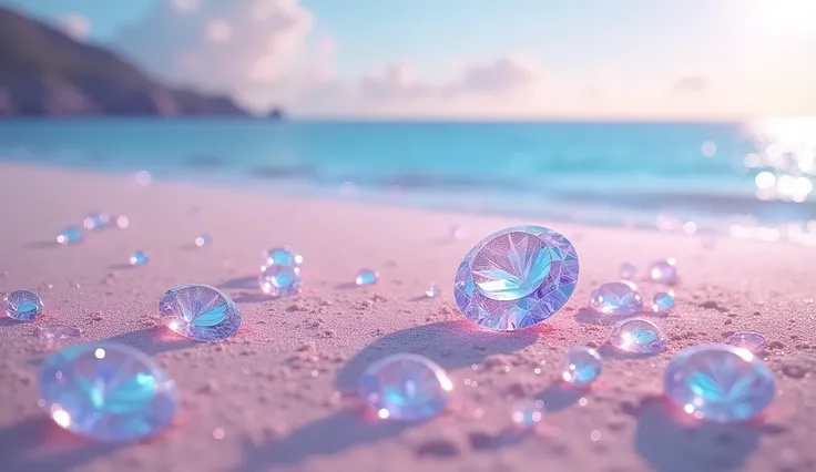 Diamonds on the sand of a beautiful place, Magic place, ultra highly detailed, high qualiy, pastel colors