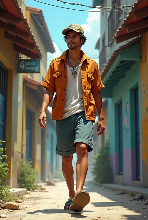 Male Character Stylish outfit inspired by everyday life in the favelas, with shorts, slippers and cap, representing the "trickster" typical.