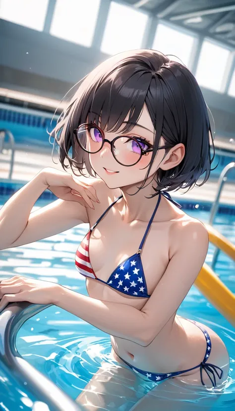 Highest quality、Best image quality、masterpiece、独奏, a girl、Beautiful Eyes、black hair, purple eyes、Short bob cut、(sideburns), middle part, (flat chest)、slender、Tight waist、Round Glasses、Beautiful Face、Natural smile、red cheek、american flag bikini, At the scho...