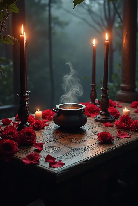 an image of a spell table with red roses black candles and cauldron