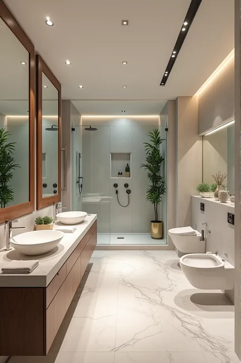 Show me bathrooms with the following features:
2 sinks with vanity 2 toilets 2 showers and one with a shower and another with a multi-jet shower a linen closet and an area for ironing 2 full-length mirrors open spaces or garden minimum one delivery require...