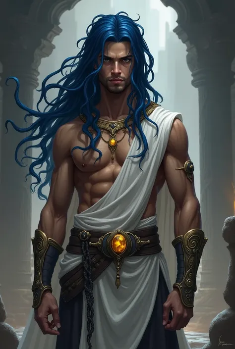 League of legends style, dark blue dreadlocks in the shape of tentacles, ancient warrior clothes, emperos clothes, masculine, young man without many muscles, no beard, human ears, white clothes, pingente de joia amarela no pescoço, roupa que mostra o corpo...