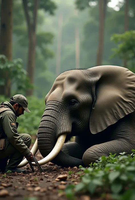 An elephant is sleeping on the ground while a poacher uses a saw to remove its tusks or ivory.