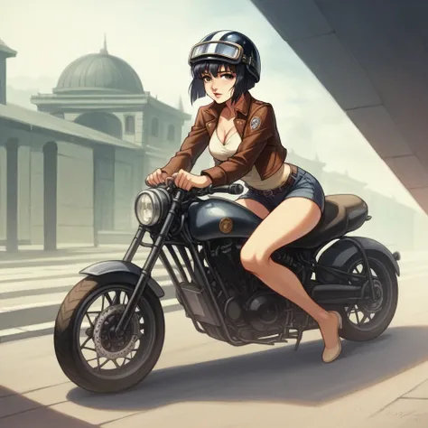 Bluff Superior SS100、(クラシックRiding on motorcycle )、(Vintage Bikes、Bluff Superior SS100)、Isle of Man Races、 (Riding on motorcycle:1.2), Beautiful young woman、1、Beautiful Face, Beautiful and delicate eyes, Black Hair, Short Bob Hair,  Classic Leather Jacket、C...