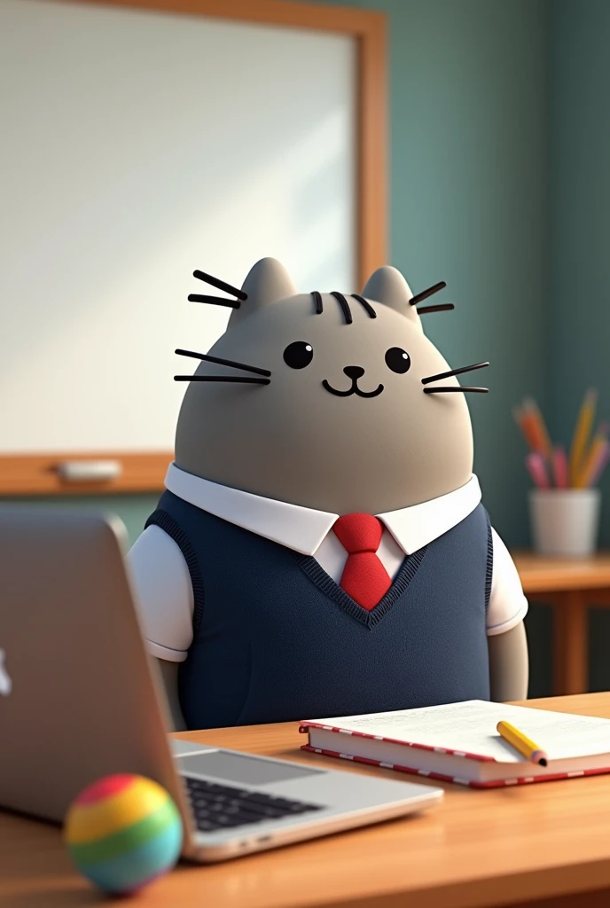 A picture of Pusheen as a teacher, with an interactive whiteboard in the background and on the desk a silver MacBook and a small colorful ball