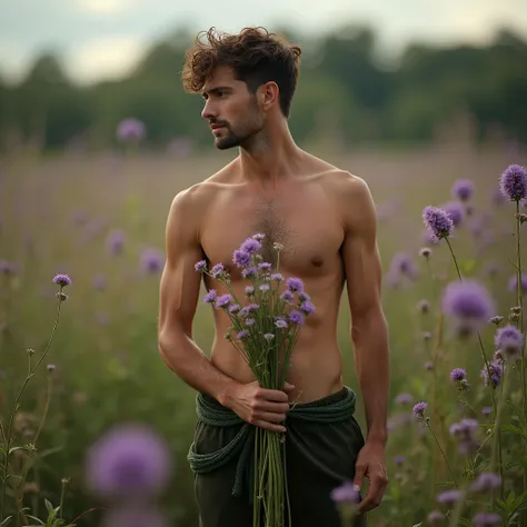 Envision a photograph of a male model standing in a field of lush purple flowers, inspired by the soft, poetic aesthetic of photographers like Bruce Weber or Herb Ritts, who often captured the intersection of nature and human form with a sensual, dreamlike...