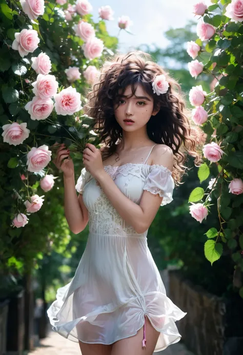 best quality, masterpiece, 4k, uncensored, prefect lighting, rating_explicit, very aesthetic, 1girl, solo, curly hair, messy hair, long hair, looking at viewer, brown hair, black hair, see-trough dress, holding, upper body, flower, short sleeves, outdoors,...