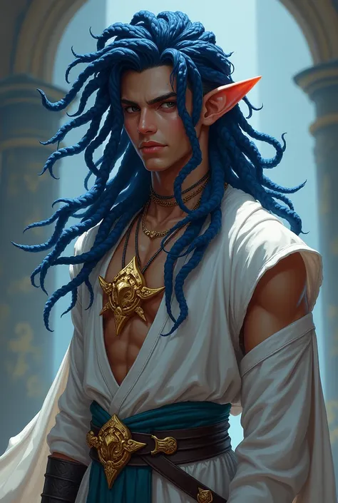 League of legends style, dark blue dreadlocks in the shape of tentacles, ancient warrior clothes, emperos clothes, masculine, young man without many muscles, no beard, human ears, white clothes, pingente de joia amarela no pescoço, roupa que mostra o corpo...