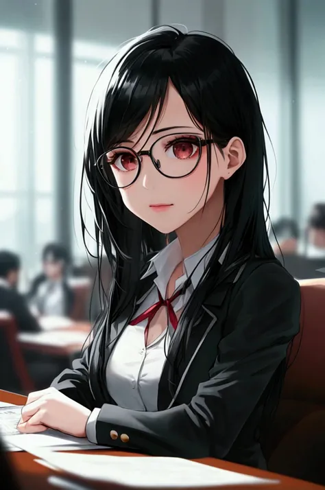 Black Hair、long hair、Glasses、Beautiful woman、Highest quality、Glare、uniform、conference room、Documents in one hand、Black Stockings