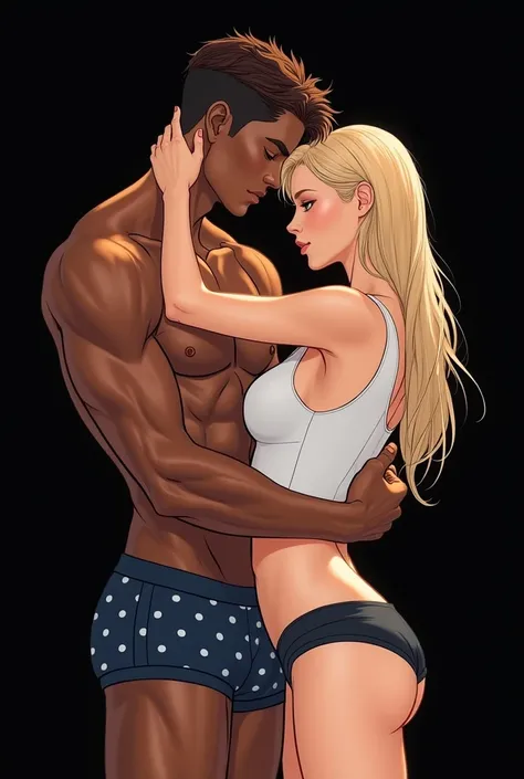 hentai of two men princes, one of them dark brown, chestnut hair, Brown eyes, wearing navy blue boxer briefs with white polka dots. The other blond man, clear eyes, skin fair, wearing a white tank top and black underwear. The two in a manhwa style drawing ...