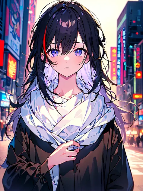 [(SHIBUYA BACKGROUND:1.5),::5], ((((masterpiece)))), high quality, ultra very high resolution, full color, (((solo))), ((little boy)), Black hair, ((White streaked hair)), (Black eyes), anime, ((upper body)), black parka,