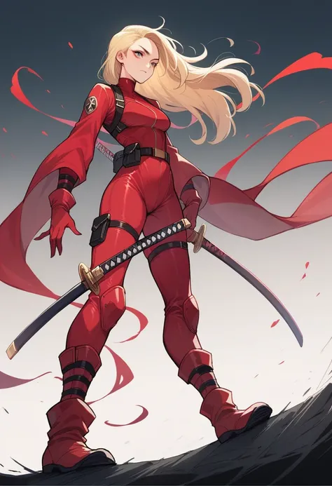 1girl, comics, long blonde hair, red bodysuit, black sides, black pads, ultility belt, red gloves, red boots, katana