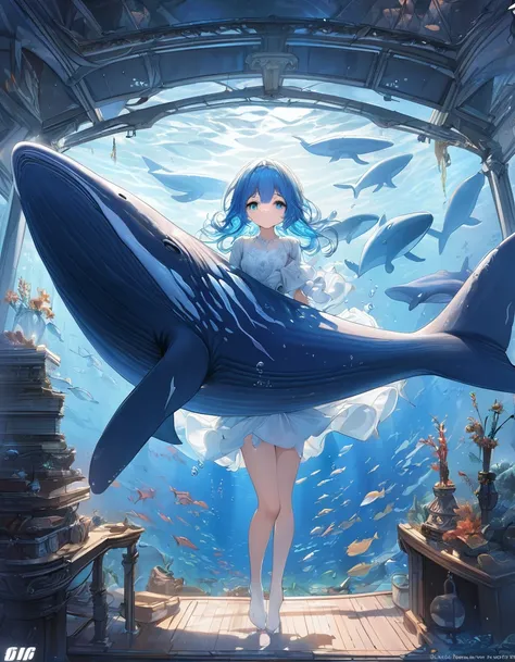 Highest quality、masterpiece、Very detailed、Finely detailed、High resolution、8k wallpaper、Fine and beautiful eyes、 girl with blue hair、Exact number of fingers、Big whale in the background、Mysterious underwater、A gentle smile、whole body、Feeling like you&#39;re ...