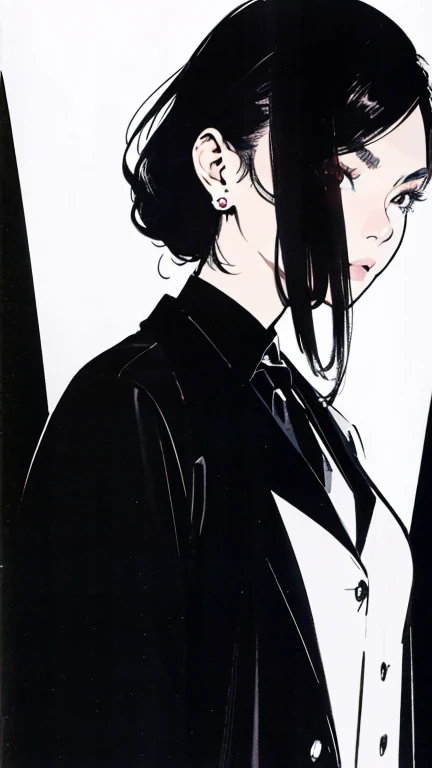 Black Hair、Cold look:1.5、Japanese woman in her 30s、Dark Background、One Cool Lady:1.5、night、whole photo、Dark Eyes、Black gloves、Ominous Machine Lifeform、Nihil、Half of his body is made of machinery、Mechanical Man:1.5、White shirt、black tie、Eye patch:1.3、Black ...