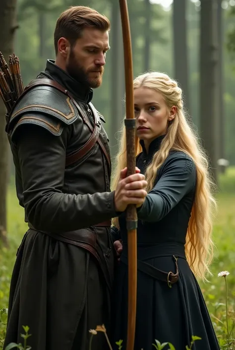 uma mulher de 20 anos, blonde hair golden strands, angelica face, dressed in Sansa Stark style dark clothes, behind her a man of 1.80 meters, stark, John Snow style dress, short-hair, helping her shoot a bow and arrow in a field with forest around