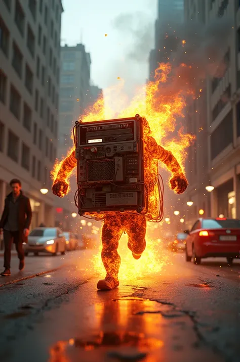 A computer on fire running down the street 