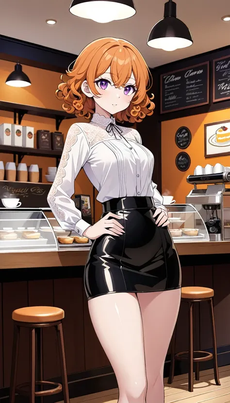 {
  "Full body picture of a beautiful anime girl, 30 years old, standing inside a cozy café with a confident expression on her face, her short curly orange hair perfectly styled. The camera angle is three-quarters from the front, focusing on her naked butt...