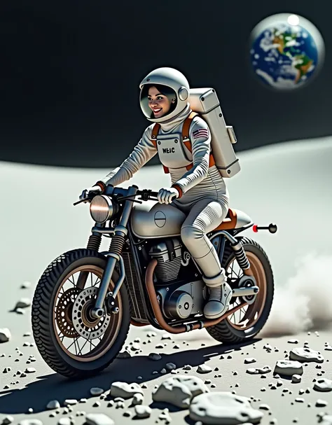 A beautiful young woman smilly face,from Brooklyn, dressed in a modern astronaut spacesuit, riding a classic cafe racer motorcycle on the surface of the Moon. The Moons surface is brightly illuminated by the sunlight, creating a stark, bright environment. ...