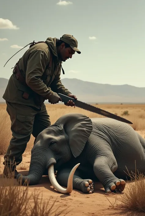 An elephant lies on the ground sleeping while a poacher removes its tusks or ivory with a saw in the African savannah