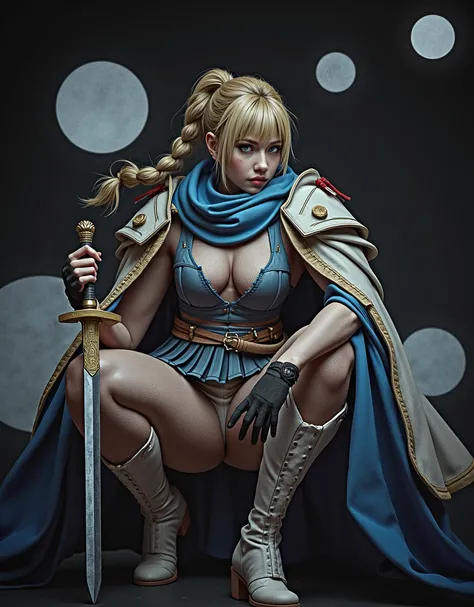 masterpiece, Best Quality, super rendering, super Realistic, High Detail Face, Clean and delicate face, whole body, Crouch and swing a long sword, grip the sword anatomically correctly, Single Braided blonde pony tail, parted bangs, forehead, wearing a cam...