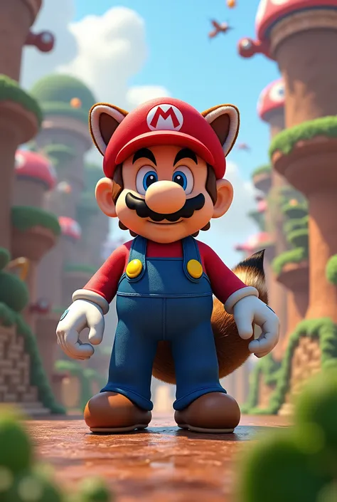 mario bros with raccoon overalls in video game level, 3D ,video game type,in video game world,Whole body ,high resolution high detail cinematic volumetric