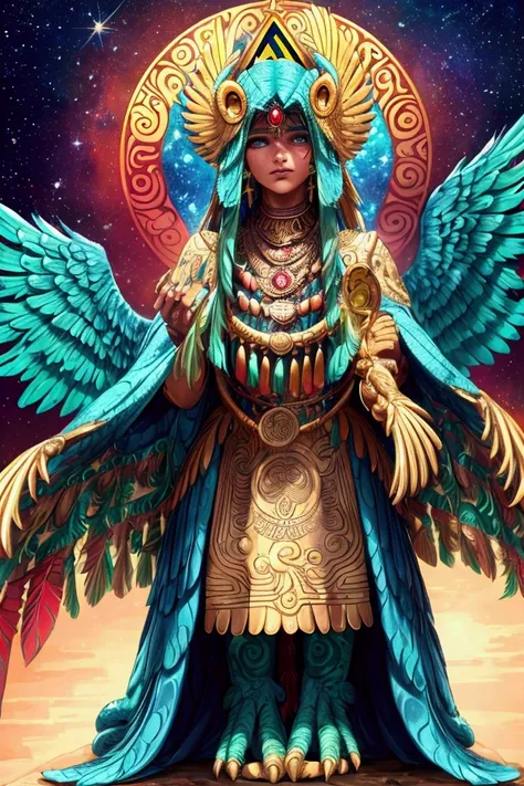 Quetzalcóatl, «the feathered snake», PRETTY EYES, highly detailed face, BEATIFULL eyes , STARS GALAXY background, 4k, high resolution, TATTOOS, PYRAMIDS, WINGS ON THE FEET, THE KING OF TALOACAN, PENACHO Set of raised feathers that certain SNAKEs have on th...