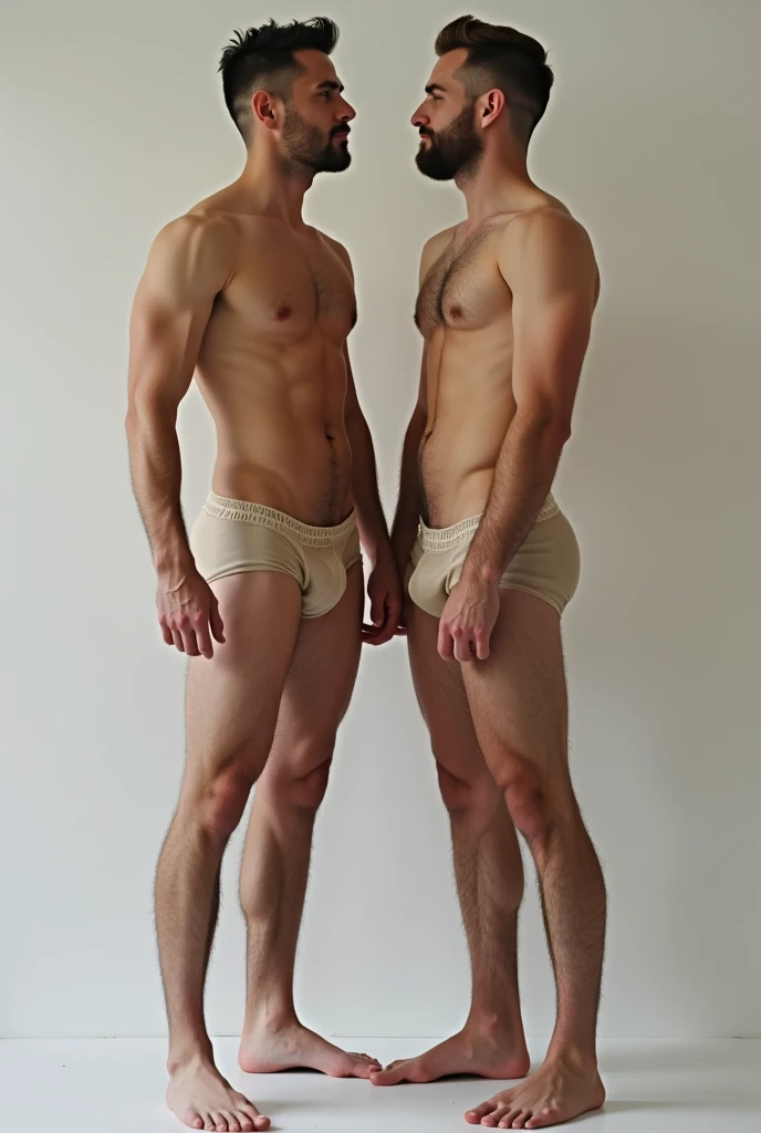 Create an image of two men naked from head to toe without underwear or any clothing where their penises are visible. 