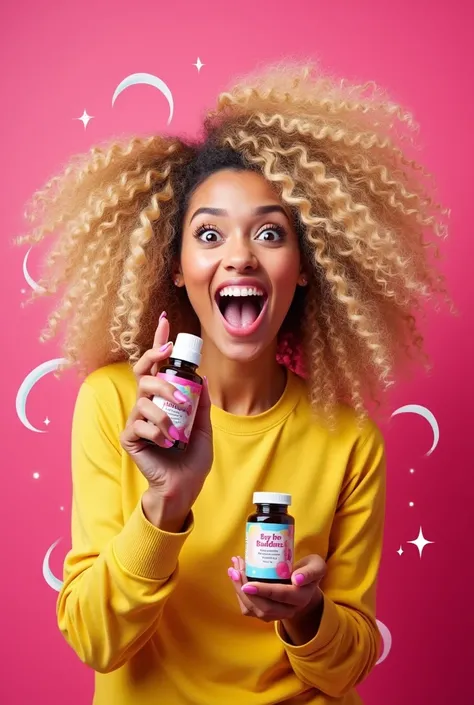 Hair growth pills advertisement, called “bye bye baldness”, I want a curly blonde holding a pill bottle, I want bright colors, pink and etc, and I want exaggerated expressions 