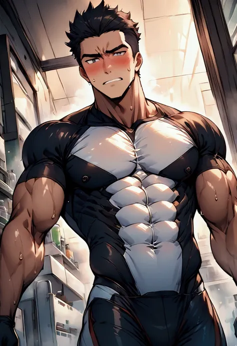 Highest quality、(muscular male:1.5)、(father:0.5)、guy、Short Hair、Sports haircut、short hair、hero、Tight-fitting suits、Laboratory、Embarrassed face、(sweat:1.3)、steam