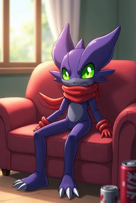 fountain_cheered up, Impmon, 1 chico, alone, digimon (creature), non-human, Full view, green eyes, cola, gloves, claws, red gloves, purpura, scarf, sit on the sofa, looking at the viewer