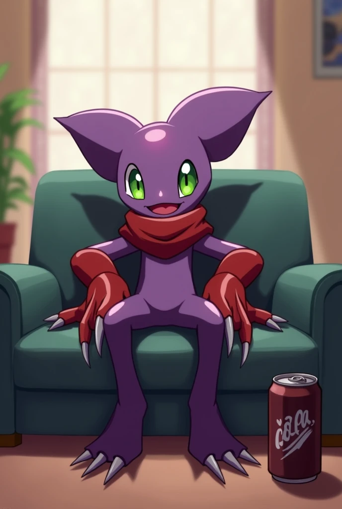 fountain_cheered up, Impmon, 1 chico, alone, digimon (creature), non-human, Full view, green eyes, cola, gloves, claws, red gloves, purpura, scarf, sit on the sofa, looking at the viewer