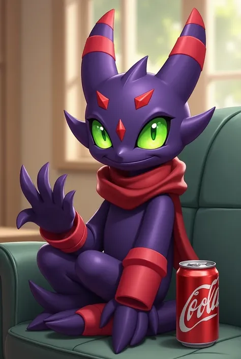 fountain_cheered up, Impmon, 1 chico, alone, digimon (creature), non-human, Full view, green eyes, cola, gloves, claws, red gloves, purpura, scarf, sit on the sofa, looking at the viewer