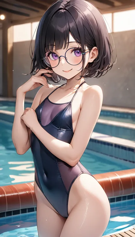 Highest quality、Best image quality、masterpiece、独奏, a girl、Beautiful Eyes、black hair, purple eyes、Short bob cut、(sideburns), middle part, (flat chest)、slender、Tight waist、Round Glasses、Beautiful Face、Natural smile、red cheek、sheer swimsuit, Indoor pool、sexy ...