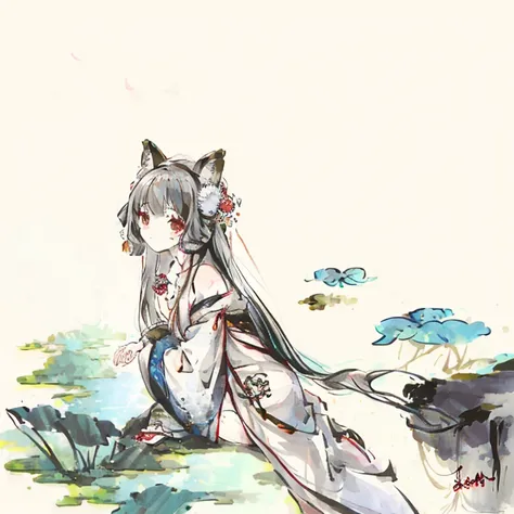 ((4K, masterpiece, best quality)), ink painting, traditional Chinese ink painting, lotus, han dress, maxi kit, modest outfit single girl, solo, gray hair, long hair, fox ears, Caucasian, Bikini, Fish, lots of fish nearby, Look at the beholder, Tease